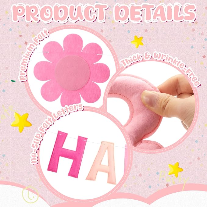 Mindsoft Felt Birthday Decorations Pre Strung 3D Felt Happy Birthday Banner with Fabric Flower Garland, Colorful Ball, Party Decorations for Women Men Boys Girls(Pink,Cute)