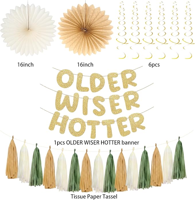 Roetyce Birthday Party Decorations, Green Gold Glitter Older Wiser Hotter Banner Photo Background for Women Men, Funny Happy Birthday Backdrop Decor, 30th 40th 50th 60th 70th 80th Party Supplies