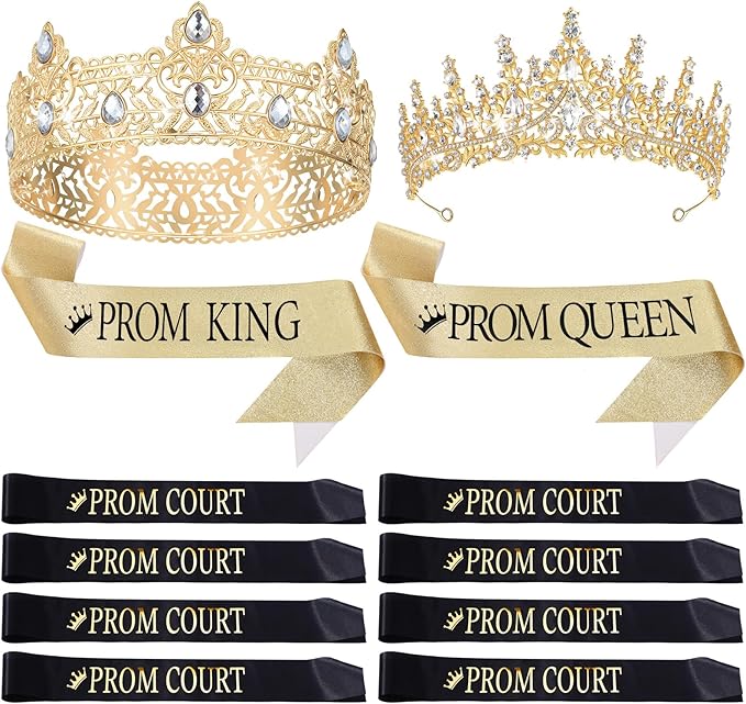 Retrowavy 12 Pcs Prom Crown and Sash Set, Prom King and Queen Tiara Rhinestone Crown Satin Sash for Graduation Party