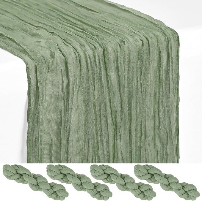 4 Pack Sage Green Cheesecloth Table Runner 17 x 108 inch Boho Gauze Table Runner Rustic Sheer Cheese Cloth Table Decorations for Wedding Party Baby Bridal Shower Birthday Holiday Home