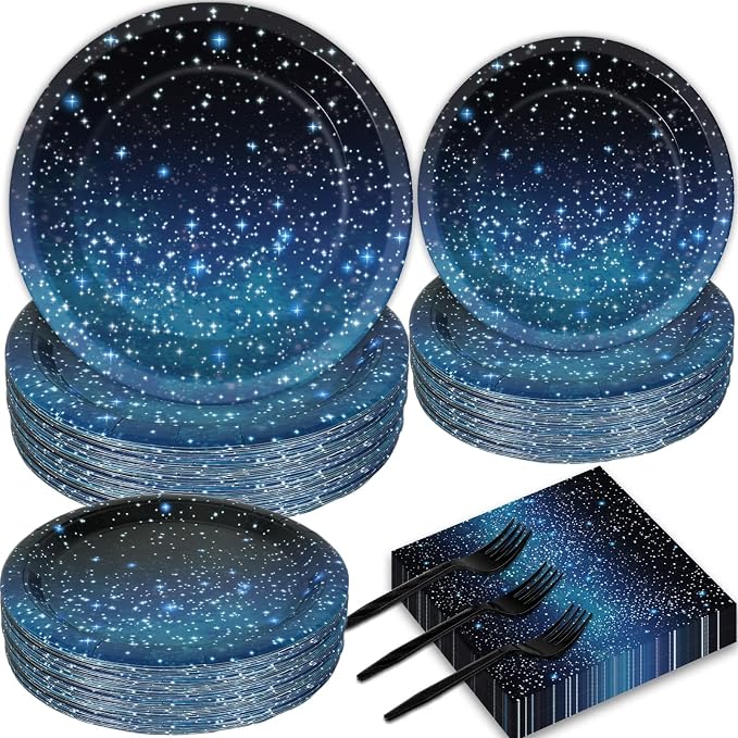 50 Guests Galaxy Party Starry Night Supplies Tableware Set Outer Space Theme Birthday Star Party Table Decorations Solar System Paper Plates Napkins Forks,192pcs