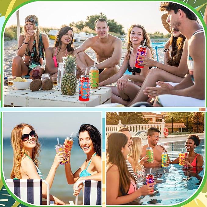 Skylety 30 Pcs 13.5 oz Hawaiian Luau Party Cups with Lids and Straws Hawaiian Hibiscus Party Cups Clear Plastic Tumbler Decorations for Women Sea Summer Birthday Bridal Wedding Reusable Supplies