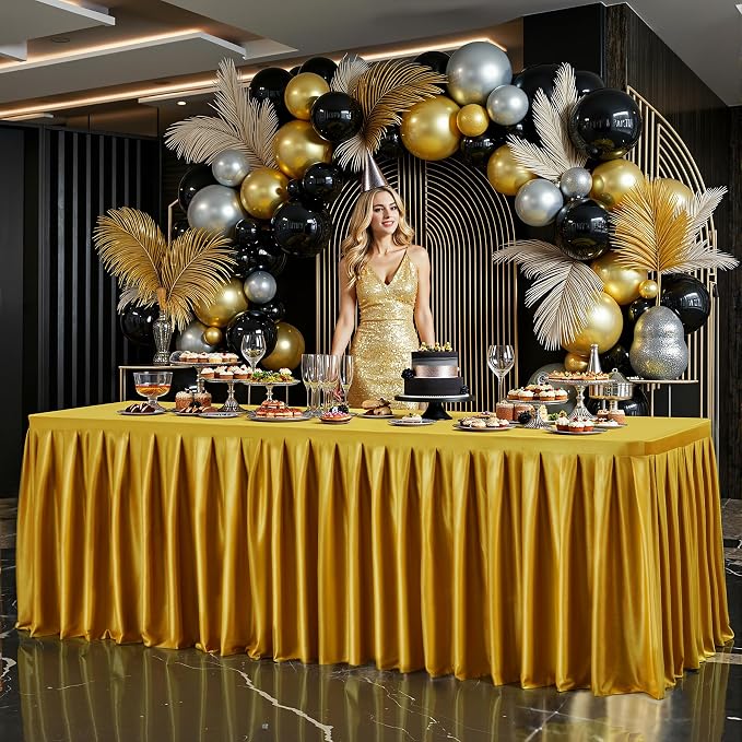 Gold Satin Tablecloths Rectangle 6FT, Glitter Spandex Fitted Stretch Table Covers Wrinkle-Free Floor Length Shimmer Table Skirt for Weddings Parties Baby Shower Banquets Vendor Events