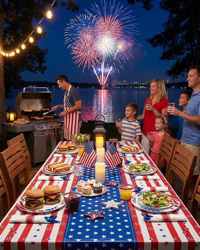 Goodluck 350 Piece 4th of July Red Blue Plastic Dinnerware Set for 50 Guests, Disposable Plates for Independence Day Supplies, Include: 100 Plates, 50 Pre Rolled Napkins with Silverware, 50 Cups