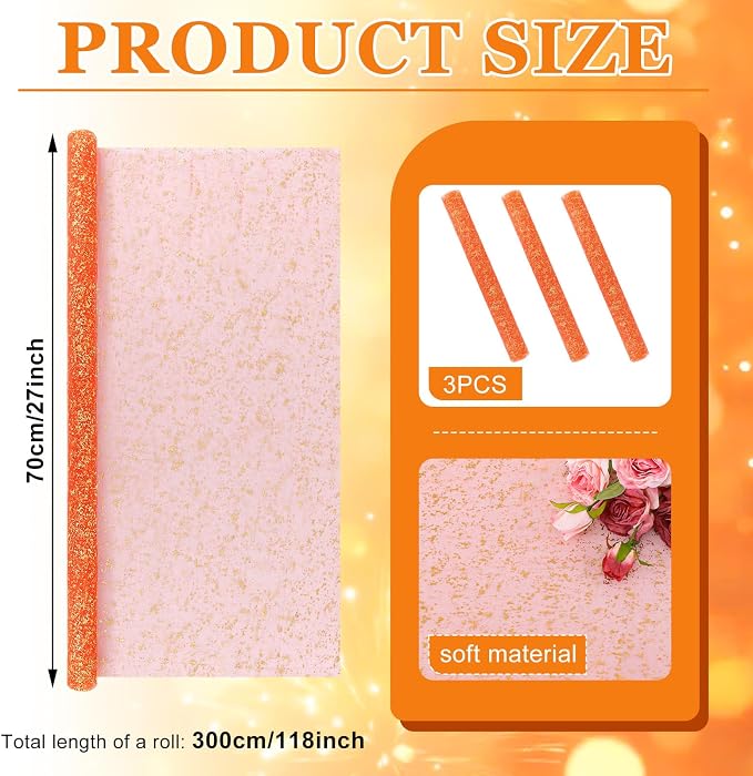 BINBE 3PCS Orange Table Runner 10Ft Sheer Chiffon Fabric Cheesecloth Sequin Glitter Table Runner for Wedding Birthday Party Decor