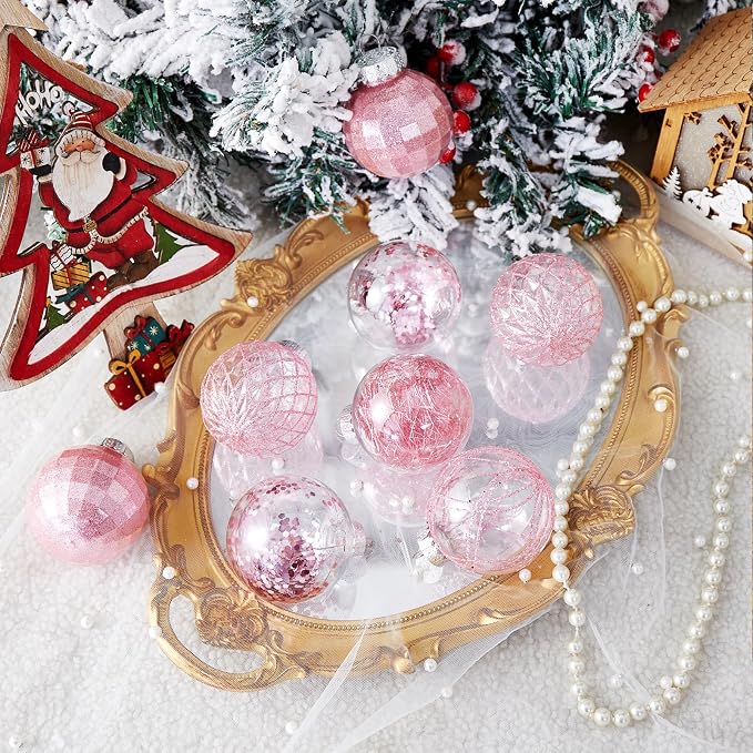CristBest 30ct Christmas Ball Ornaments-60mm/2.36" Shatterproof Clear Plastic Xmas Balls Baubles Set with Stuffed Delicate Sparkling, Hanging Christmas Tree Decorations(Pink)
