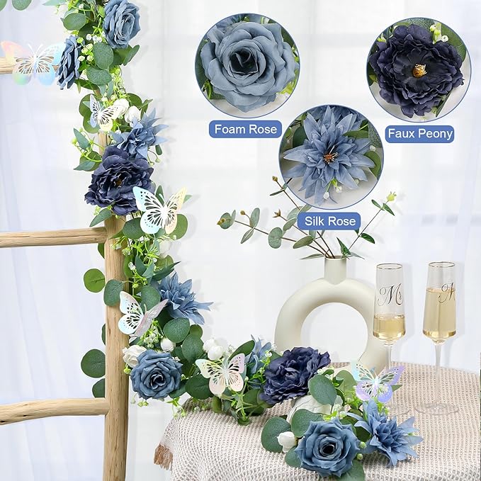 Eucalyptus Garland with Flowers - 2 Pack 5.9 FT Fake Flower Garland with Butterflies Faux Rose Greenery Garlands for Wedding Table Backdrop Arch Centerpieces Decorations - Navy Blue