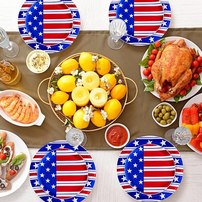 FLOWERCAT 60PCS 4th of July Plates & Red White Blue Plates for Independence Day - Patriotic Plastic Plates Include 30PCS 10.25inch Dinner Plates and 30PCS 7.5inch Dessert Plates