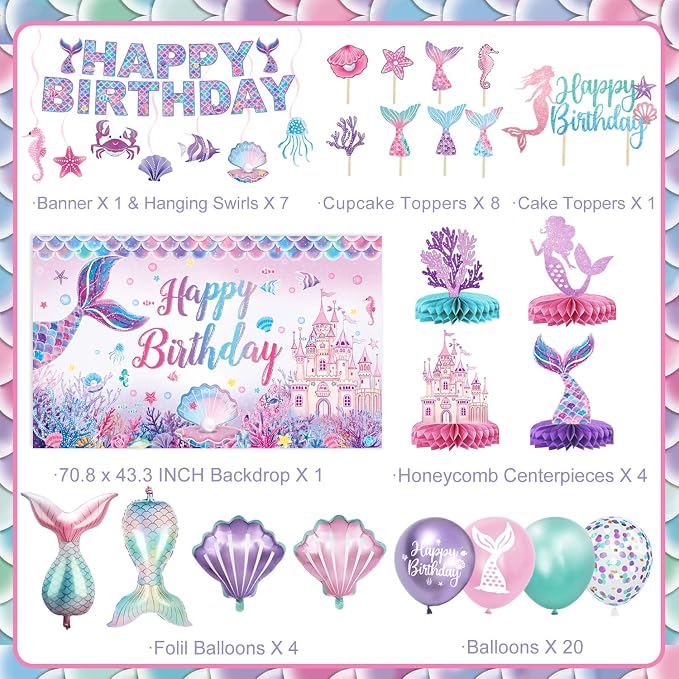 Mermaid Birthday Decorations – Includes Banner, Backdrop, Foil & Latex Balloons, Hanging Swirls, Cake & Cupcake Toppers, Honeycomb Centerpieces for Girls Mermaid Party Decorations