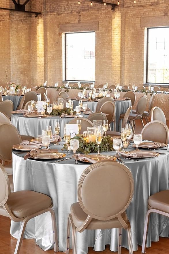 12 Pack Silver Satin Tablecloth, 108 Inch Round Silky Satin Table Cloth, Bright Silk Tablecloth Smooth Fabric Table Covers Overlay Silky Table Decoration for Wedding Party Banquet Birthday