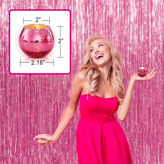 12 Pcs Hot Pink Candle Holders for Barbie Birthday Party Decorations- Summer Bridal Shower Decorations, Votive Candle Holders for Wedding, Pink Candle Centerpieces for Disco, Cowgirl Party