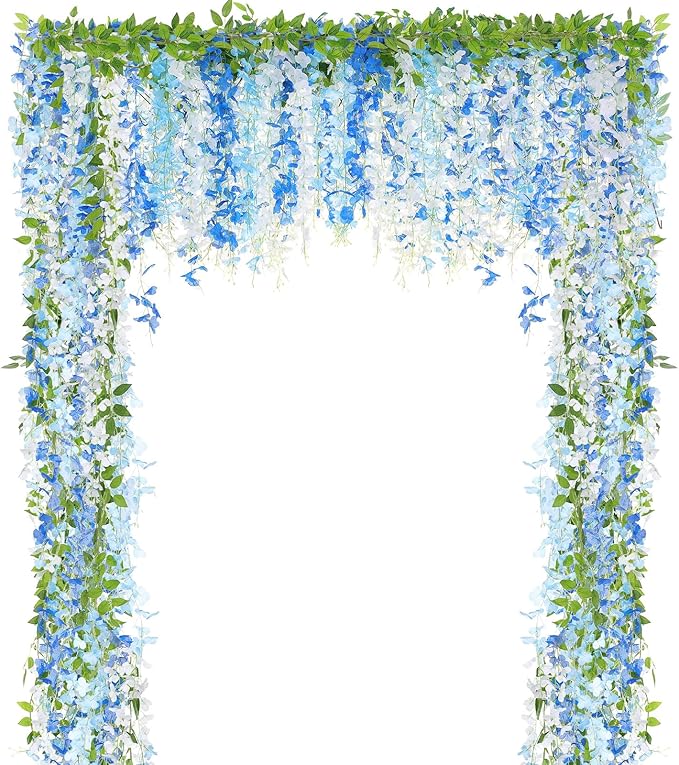 Thiccywoov 8pcs Wisteria Artificial Flowers Garland, 7.2Ft/Piece Wisteria Hanging Flowers Garland for Wedding Arch Decoration Outdoor Ceremony Home Backdrop Garden (Light Blue,Dark Blue,White)