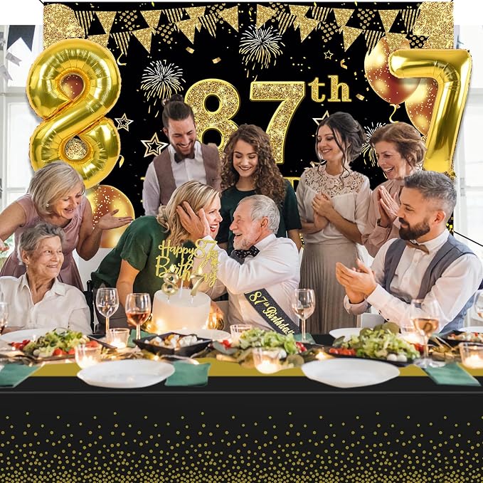 87th Birthday Decorations Men Women with 87th Birthday Banner, Black and Gold Table Cloth, Number Balloons, Sash, Cake Topper and Candles