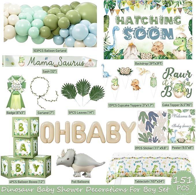 Hombae Dinosaur Baby Shower Decorations, Hatching Soon Baby Shower Supplies with Backdrop, Balloon Garland, Boxes, Mama Saurus Sash for Boys Dino Theme Party