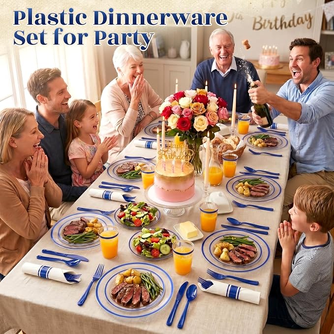 175pcs Plastic Plates for Party Clear & Blue | Disposable Plastic Dinnerware Set for 25 Guests Include 50 Plastic Plates,25 Cups & 25 Pre Rolled Napkins with Cutlery Set