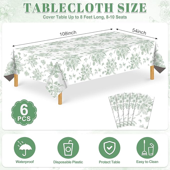 6 Pack Sage Green Floral Plastic Tablecloths, 54 X 108Inch Tea Party Tablecloth Disposable Table Cloths Green and White Porcelain Tables Decor for Garden Wedding Tea Party Birthday Baby Bridal Shower