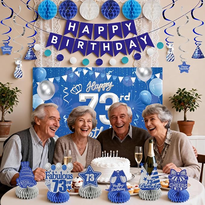 Happy Birthday Party Decoration Set: Including Birthday Banner Backdrop, Party Table Centerpieces and Hanging Swirl Party Streamers, Birthday Decor Suppliers for Men and Women (Blue, 73rd Birthday)