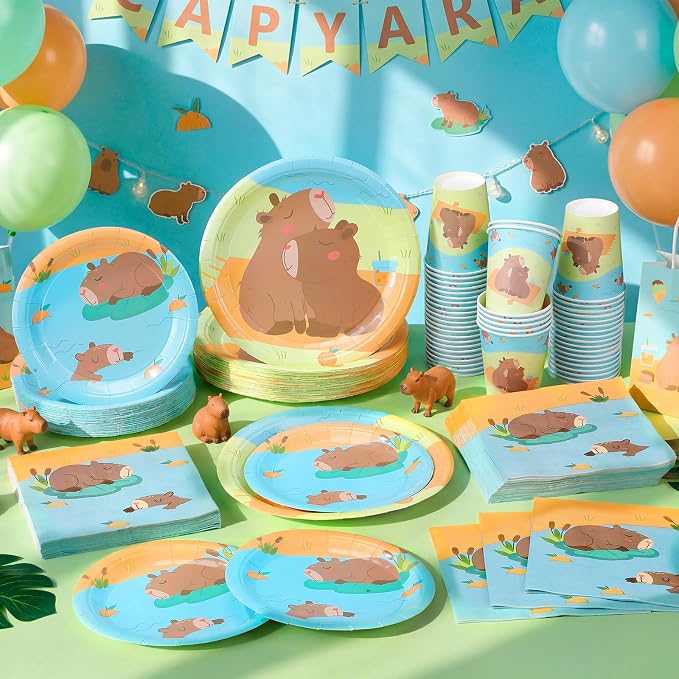 Pickmesh 250 Pcs Capybara Party Supplies Decorations Serve 50 Capybara Disposable Paper Plates Napkins and Cups Tableware Set Animals Themed Baby Shower Birthday Party Supplies
