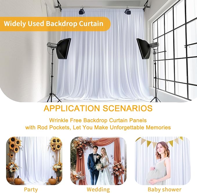 Gallety White Backdrop Curtain for Wedding, Polyester Photo Backdrop Drapes - 40FT x 10FT Birthday Backdrop Curtain with Rod Pockets for Celebration,Stage, Graduation,Engagement Party Decorations