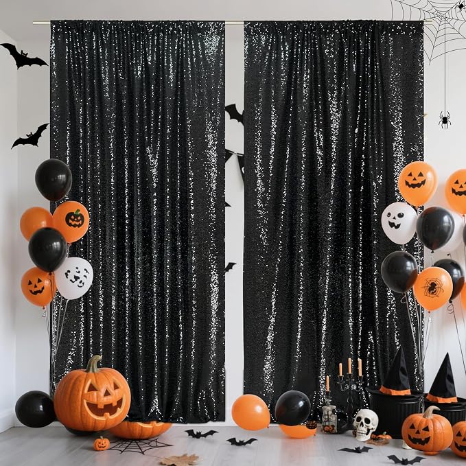 SquarePie 2 PCS 4x10ft Black Sequin Backdrop for Photography, Extra Long Satin-Backed Real Sequin Curtain, High-Density Shimmering Background with 4" Rod Pocket for Wedding Ceremony, 2 Panels