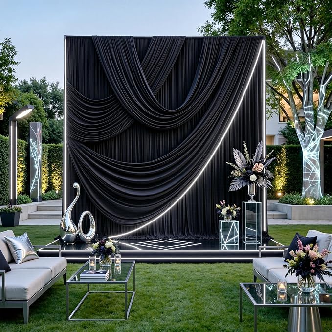10ftx15ft Wrinkle Free Black Backdrop Curtain, 2 Panels 15FT Height Black Drapes for Wedding, Silky Polyester Polyester Back Drop Cloth Draping for Birthday Party Photography Background Party