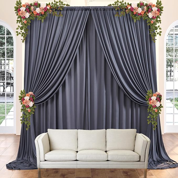 30ft×10ft Wrinkle Free Grey Backdrop Curtains for Parties, 6 Panels 5×10ft Soft Silky Polyester Charcoal Photo Backdrop Drapes for Birthday Baptims Baby Shower Wedding Photography Backgrounds