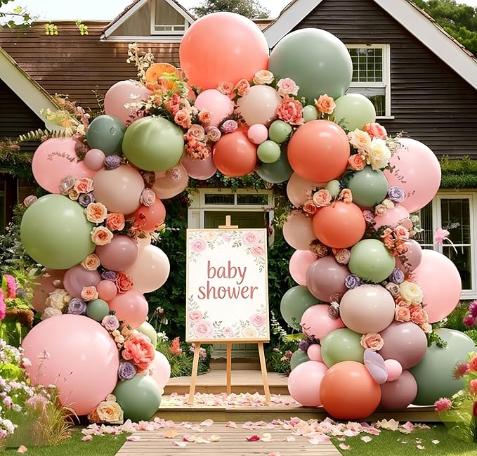 Pastel Green Pink Balloon Arch Double Stuffed Pink Dusty Green Mauve Peach Blush Balloon Garland Kit Artificial Flower Leaves for Baby Shower Wedding Birthday Floral Princess Easter Tea Party Decor