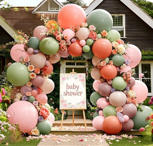 Pastel Green Pink Balloon Arch Double Stuffed Pink Dusty Green Mauve Peach Blush Balloon Garland Kit Artificial Flower Leaves for Baby Shower Wedding Birthday Floral Princess Easter Tea Party Decor