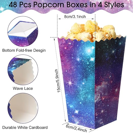 Honoson 48 Pcs Galaxy Popcorn Boxes 6 x 2.4 Inches Outer Space Popcorn Bucket Disposable Paper Food Trays Container Galaxy Space Birthday Decorations for Movie Night Baby Shower Party Supplies