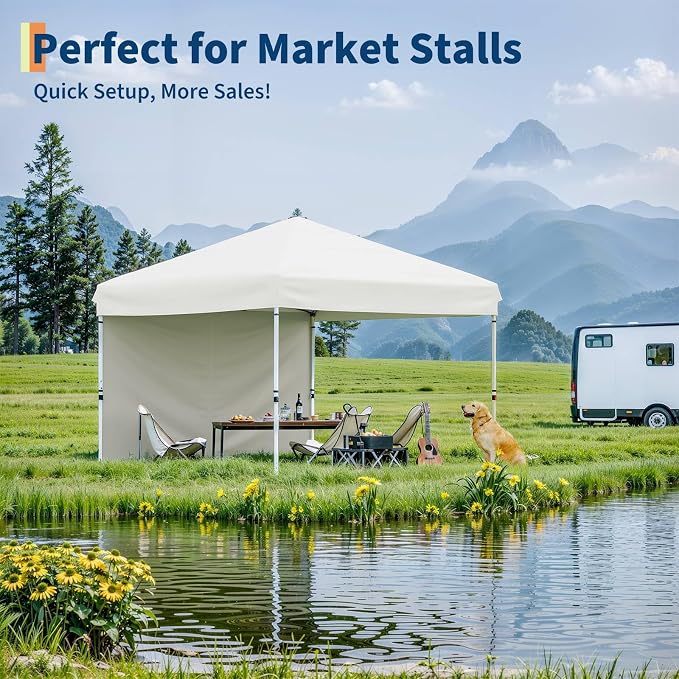 GarveeLife 10x10 Pop Up Canopy with One Sidewalls Easy Up Camping Tent with One Button Push Setup 1 Roller Bag 3 Adjustable Height 4 Weight Bags (White, 10x10 + 1 Sidewall)