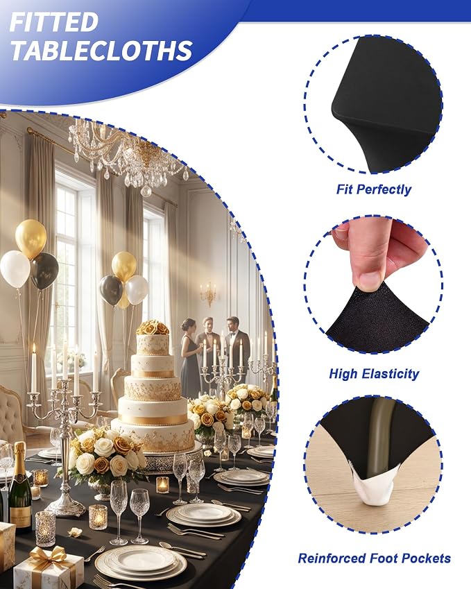 Fixwal Black Tablecloths for 8 Foot Rectangle Tables, 2 Pack Spandex Stretch Fitted Table Covers for Party, Trade Show, Banquet, Wedding, Buffet