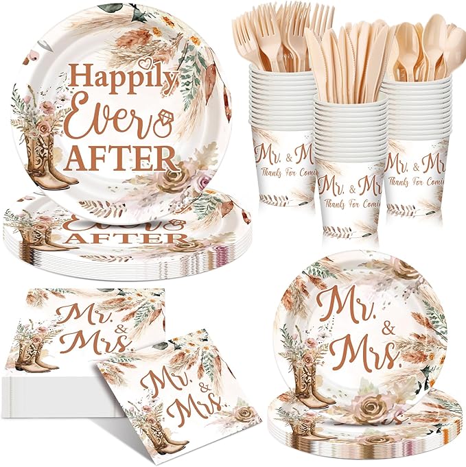 168 Pcs Boho Cowgirl Bridal Shower Party Supplies Happily Ever After Decorations Wedding Plates and Napkins Western Engagement Tableware Set Mr and Mrs Disposable Paper Plate Cups Serves 24