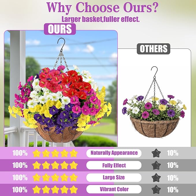 Artificial Flowers for Outdoors with Baskets Hanging Plant Faux Flowers UV Resistant Fake Silk Morning Glory with Eucalyptus for Planter Porch Garden Home Spring Summer Decoration(Mixed 6 colors)