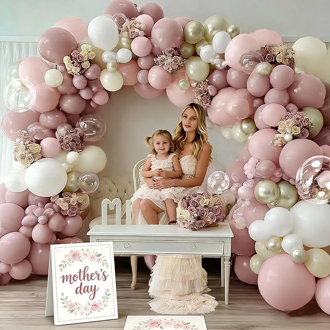 Dusty Pink White Beige Balloon Arch, Double Stuffed Pink Mauve Pearl White Nude Gold Balloon Garland Kit Boho Blush Cream Balloons for Birthday Baby Shower Bridal Wedding Mother's Day Party Decor