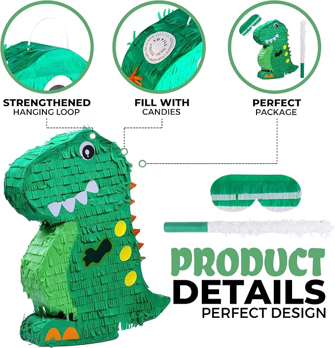 Dinosaur Pinata Bundle with a Blindfold and Bat (17x13x4 Inches), Perfect for Birthday Parties, Animal Theme Parties, Decorations