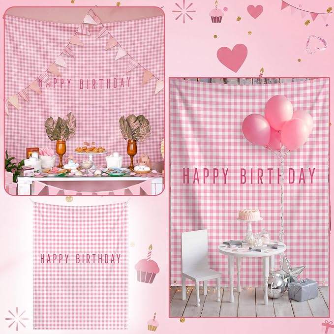 Flutesan 7x5ft Pink Gingham Happy Birthday Backdrop Large Banner Fabric Tapestry Birthday Party Decoration Baby Shower Linen Rustic Background Wall Photo Props Indoor Outdoor