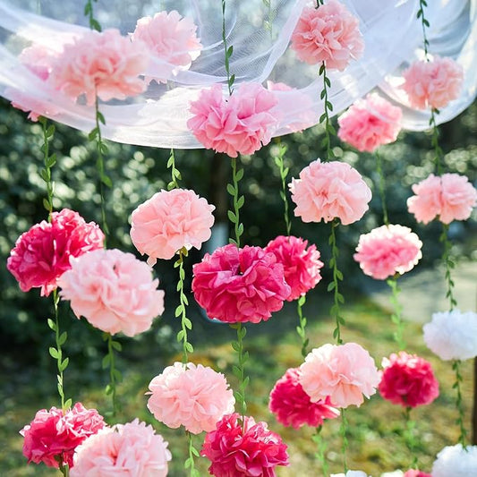 Gradient Pink Tissue Paper Pom Pom Garlands, Paper Flowers for Birthday Decorations, Baby Shower, Wedding Engagement, Bridal Shower, Spring Summer Party Decorations, 2 Pcs