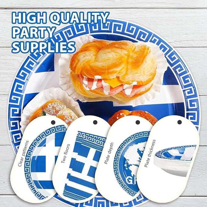 96PCS Greek Flag Birthday Party Supplies Greece Flag Plates Disposable Greek Paper Tableware Set for Blue Greece Independence Day Birthday Decorations Family Gathering Dining Celebration, Serves 24