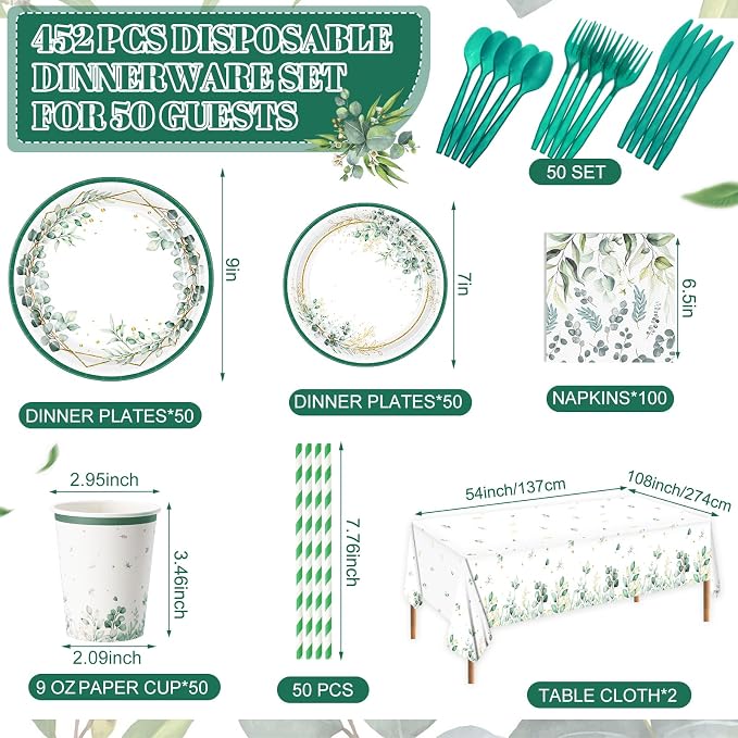 Funnymoom 452 Pcs Sage Green Party Decorations for 50 Guests, Eucalyptus Theme Paper Plates Napkins Cups Tablecloth Cutlery Straws for Bridal Baby Shower Birthday Wedding Party Decorations Supplies