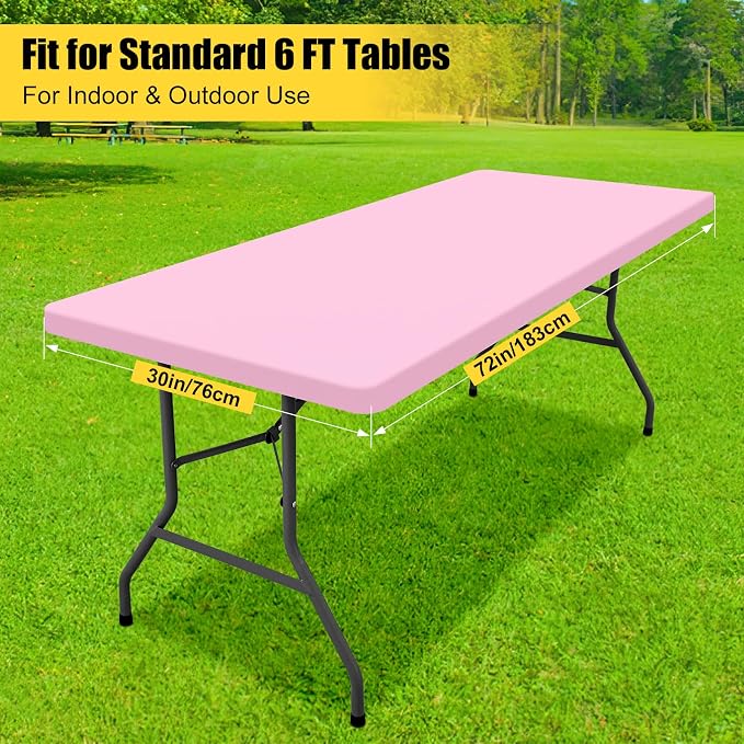 Smiry 3 Pack Rectangle Table Cloth, Elastic Fitted Flannel Backed Vinyl Tablecloths for 6ft Folding Tables, Waterproof Wipeable Table Covers for Indoor, Outdoor, Camping and Picnic (Pink, 30"x72")