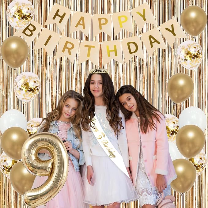 Trgowaul 9th Birthday Decorations for Girls, Banner, Sash and Crown, Cake Topper, 9 Number Balloon, Fringe Curtains, Champagne Gold 9th Birthday Party Supplies