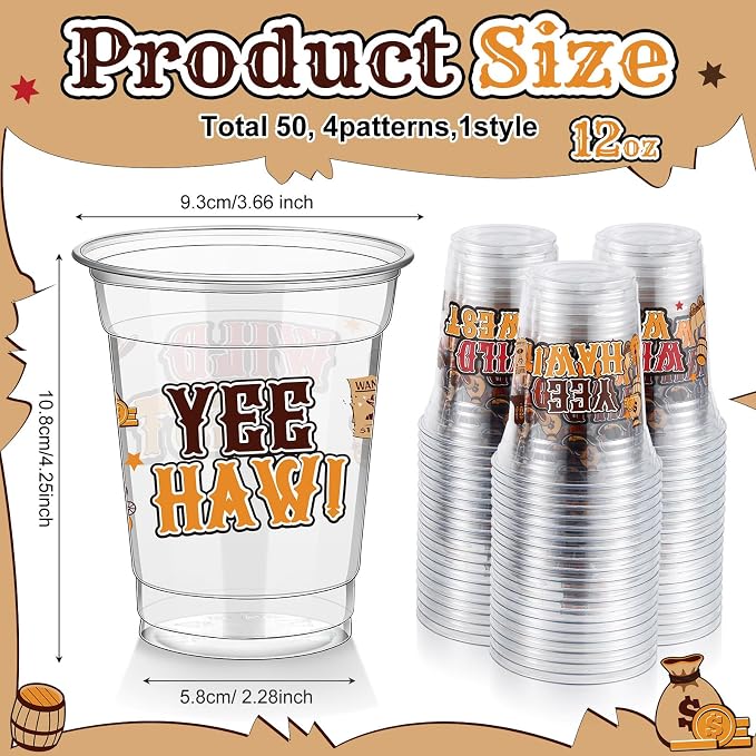 FoldTier 50 Pcs Western Theme Cups 12 oz Wild West Plastic Cups Clear Western Cowboy Disposable Cups Vintage Cowboy Drinking Cups for Home Kitchen Western Cowboy Theme Party Favors Supplies (Western)