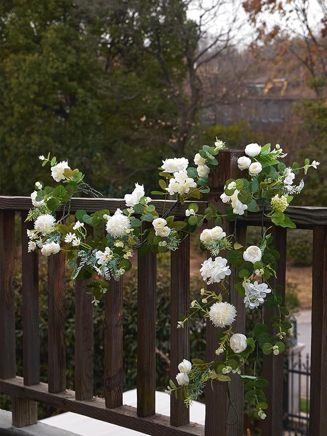 MISSPIN 5.9Ft Eucalyptus Garland with Flowers, Artificial Fake Flower Greenery Spring Garland for Baby Shower Wedding Mantle Table Centerpiece Spring Decor