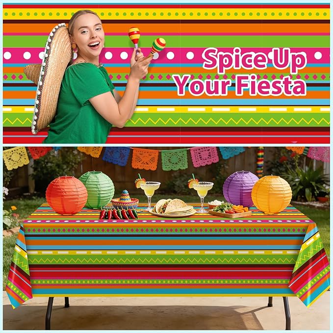 Kochorie 100 Ft x 54 Inch Mexican Fiesta Party Tablecloth Roll with Cutting Box Disposable Plastic Mexican Striped Table Cover Backdrop for Fiesta Taco Party Supplies