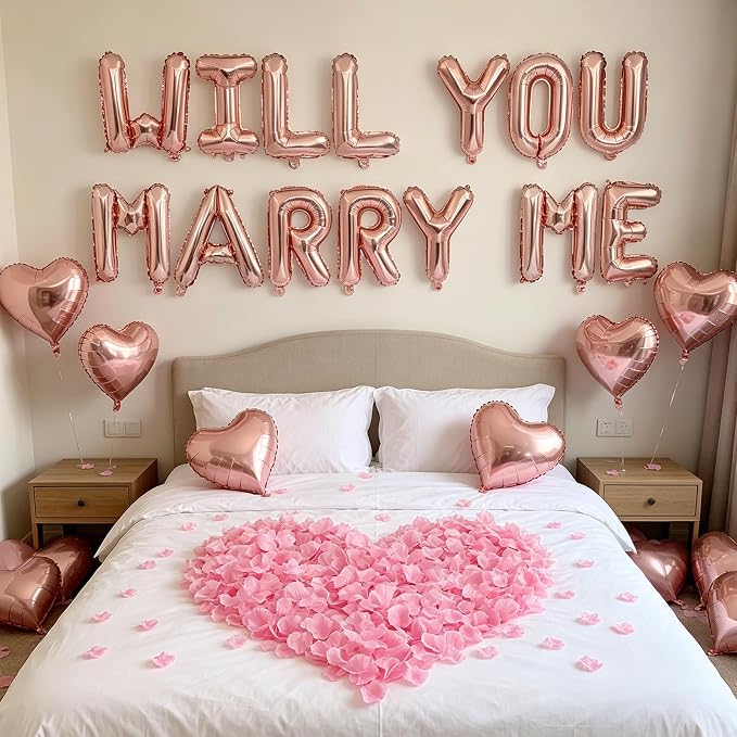 2 Set Rose Gold WILL YOU MARRY ME Balloons - 28pcs 16" Letter Balloons 10pcs 18" Heart Balloons 1200pcs Rose Gold Artificial Rose Petals Alphabet Foil Mylar Balloons for Valentines Day Decorations