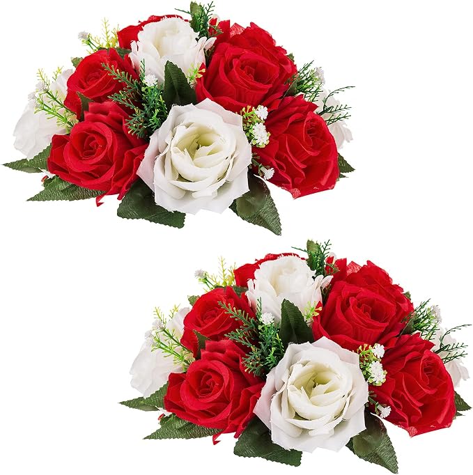 NUPTIO Flower Balls Centerpieces for Wedding Tables, Red & White Roses | 2 Pcs Artificial Silk Floral Arrangements, for Birthday Party, Housewarming, Thanksgivng, Christmas Decorations