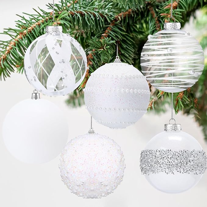 Lyrow 12 Pcs 4 inch Christmas Balls Ornaments Glitter Shatterproof Christmas Decorations Tree Balls Sparkly Holiday Ornaments Bulk for Xmas Trees(White, Silver)