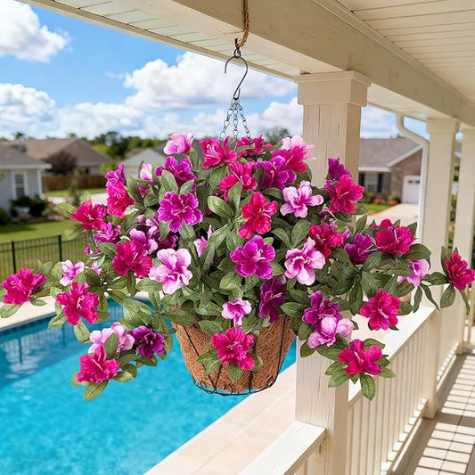 Ammyoo Artificial Hanging Flowers for Outdoors Hanging Baskets, 3 Pcs Fake Silk Flower with Hanging Baskets Planter for Spring Summer Garden Porch Patio Yard Outside Decor