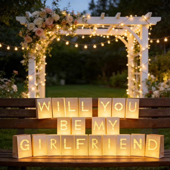Will You Be My Girlfriend Light Up Letters Proposal Decorations with Luminary Paper Bags,Led Tea Candles,Red Rose Petals for Romantic Night,Valentines Day,Engagement Party,Proposals