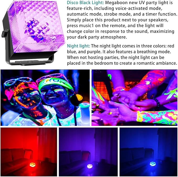 2 in 1 Disco Black Light Glow Party Lights,10W UV Disco Ball Light with Sound Activated Strobe Light Halloween Dj Party Lights Indoor for Halloween Christmas Birthday Party Dancing Decoration, 1 Pack